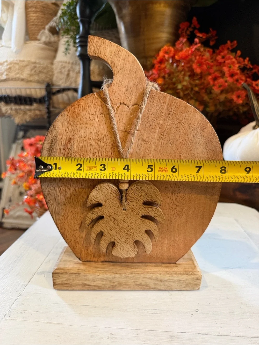 Mango Wood Pumpkin Decor with Carved Leaf Pendant - Natural Brown